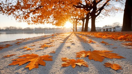 Sunlit Autumn Path with Orange Leaves and Lake