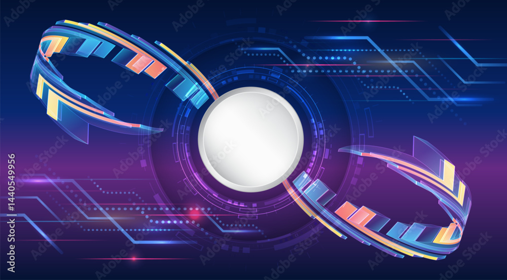 Poster Futuristic abstract background with a central circle. Technological spiral elements with bright colors - blue, purple, orange and yellow - create the effect of movement and high technology.