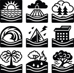 Summer icons set features a vector illustration with sun, beach, sea, boat, and travel symbols for holiday vacation design