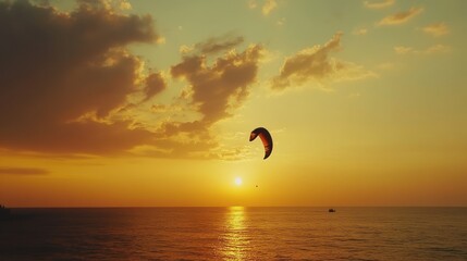 Golden sunset sky over ocean with a kite flying.