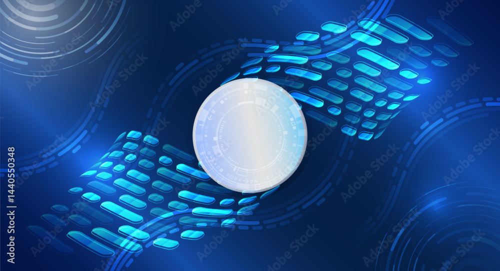 Poster Dark blue background with digital patterns and light effects. For high-tech presentations. Dynamic digital wave elements of pink, blue and purple lines create a sense of movement and modern technology