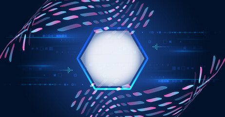 Dynamic digital wave elements of pink, blue and purple lines create a sense of movement and modern technology. Dark blue background with digital patterns and light effects. For high-tech presentations
