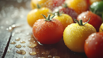 Close Up Photo of Red and Yellow Tomatoes with Water Droplets