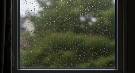 Naklejka premium A window pane covered in raindrops with a blurred green background of trees and foliage outside view