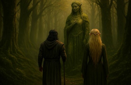 Deux elfes d&eacute;couvrant une statue magique dans une for&ecirc;t enchant&eacute;e