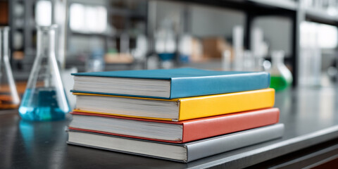Chemistry Textbook Collection Academic Lab Setting Science Education Resources Scholarly Material Stacked Books on Desk Chemical Learning Environment
