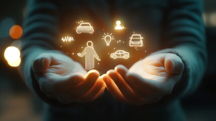 A professional interacting with floating icons of family, vehicle, and health against a softly blurred dark background, symbolizing the integration of lifestyle and insurance