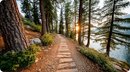 Sunset Path Through a Pine Forest Overlooking a Calm Lake