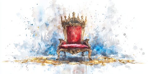 Ornate red and gold royal throne illustrated with watercolor splashes, exuding elegance and grandeur.