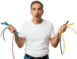 Surprised Man Holding Cables Expressing Shock and Confusion