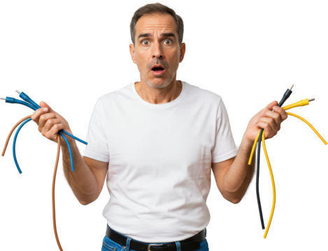 Surprised Man Holding Cables Expressing Shock and Confusion