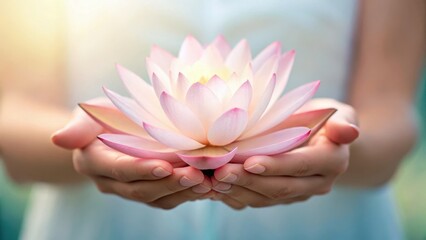 A person holds a delicate pink lotus flower in their hands, symbolizing beauty and tranquility in a serene setting.