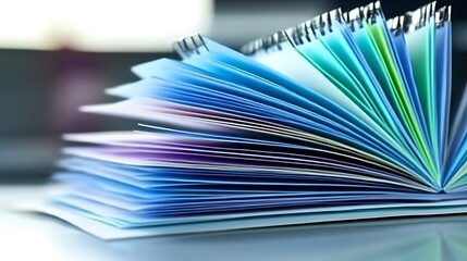 Close-up of a vibrant, open, ring-bound notebook showcasing colourful pages