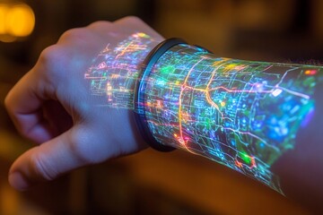 3D holographic map displayed from a wristband illuminates the hand with vibrant city pathways and landmarks during the evening