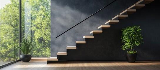 Modern staircase with natural light & plants