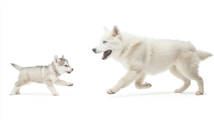 Obraz premium Playful interaction between puppy and adult dog in studio animal photography white background pet bonding