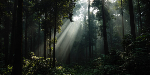 Obraz premium Enchanted Forest Sunlight Streams Through Misty Woods Ethereal Woodland Scene Mysterious Light Filtering Through Trees Discover The Magic Of Nature Deep In The Forest 