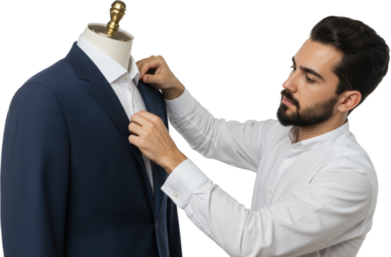Tailor Adjusting a Navy Blue Suit on a Mannequin with Focused Precision