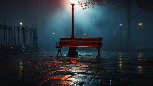 Evening rainfall illuminates empty park bench under streetlight