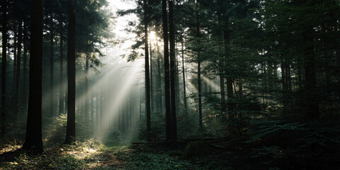 Obraz premium Sunlit Forest Mist Ethereal Woodland Scene Sunlight Through Trees Atmospheric Nature Background Tranquil Forest Ambiance Misty Woods Serene Environment Nature's Beauty 