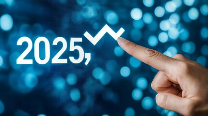 A professional pointing at a digital screen showing a growth arrow graph and the word "2025," representing the concept of driving business success