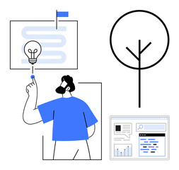 Man pointing at a screen with a lightbulb and winding path, tree symbolizing nature, system interface with data. Ideal for idea generation, innovation, strategy, sustainability, creativity