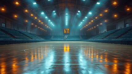 Vast indoor arena featuring empty seating and a hardwood basketball court, bathed in the glow of overhead lights with scoreboard.