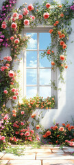 Fototapeta premium White Wall with Blooming Window Full of Roses on a Sunny Day