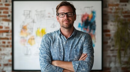 Fototapeta premium A man stands at a flip chart in a modern office setting, presenting a flowchart that outlines a strategy involving steps like Assess Performance, Create Action Plan, and Evaluate Process.