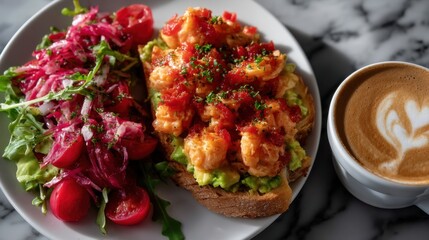 Delicious shrimp and avocado toast with fresh garden salad and frothy cappuccino on a marble table