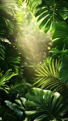 Fototapeta premium Lush tropical jungle scene with vibrant green monstera and palm leaves illuminated by sunlight filte through dense foliage in a tropical rainforest environment