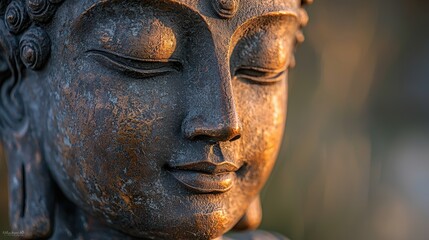 Serene Bronze Buddha Statue Close-Up at Sunset