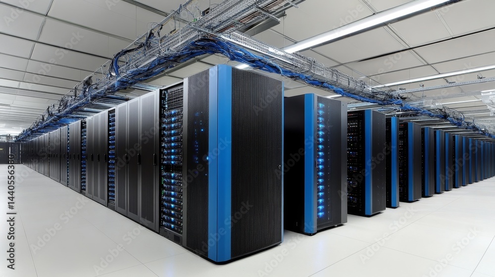 Poster data center operations technology hub server infrastructure modern environment wide-angle view compu