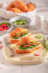 Golden and healthy french croissant with cottage cheese and cucumber.