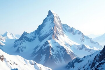 Snow-covered mountain peak, pristine white sky, mountain range, horizon, frozen