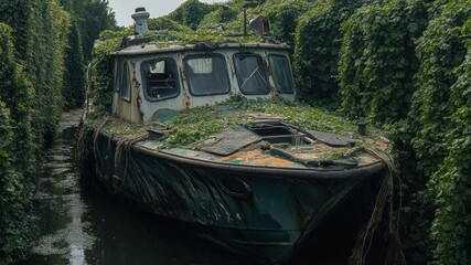 Overgrown, abandoned fishing boat on narrow canal