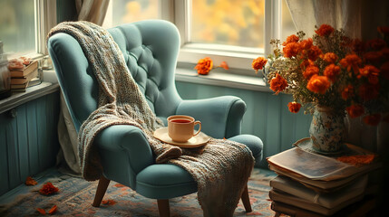 Cozy Autumn Afternoon: Teal Armchair with Blanket, Cup of Tea, and Dried Flowers by Window