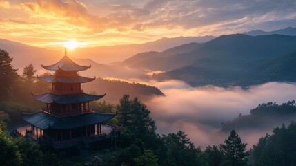 Fototapeta premium Sunrise over misty mountains and ancient pagoda serene landscape nature photography tranquil environment aerial view