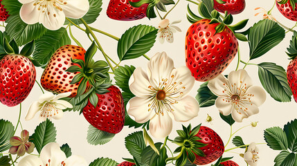 Seamless pattern background banner: vintage botanical illustration style featuring ripe red strawberries, white blossoms, and green leaves on light backdrop.
