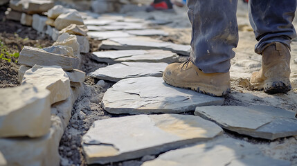 Construction Worker Laying Stone Pathway