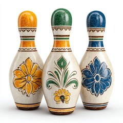 Three Ornate Bowling Pins with Floral Mosaic Designs