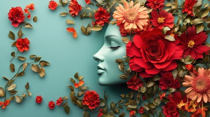 Serene Woman Profile Adorned with Lush Red Roses and Floral Elegance on Blue