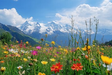 Fototapeta premium Alpine meadow filled with colorful wildflowers framed by stunning snow-capped mountains under a bright blue sky