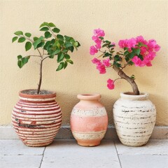 Three Potted Plants Against a Beige Wall