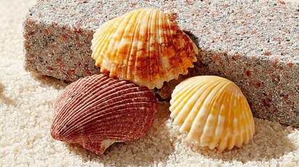 Three Seashells on Sand and Stone