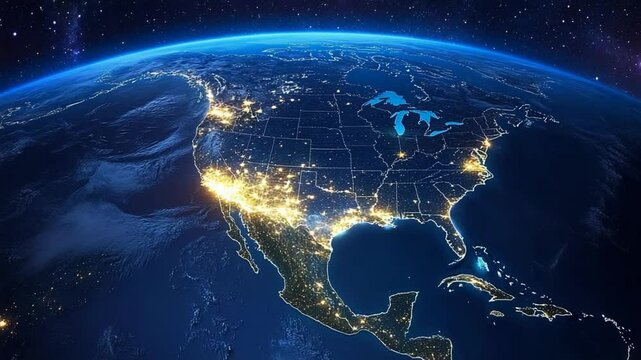Spectacular View of North America from Space with City Lights at Night High Definition