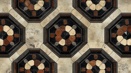 Ornamental Flower Tile Pattern, Octagon Motif, Geometric Design, Floor Tile, Aged Texture, Interior Design, Flooring, Surface