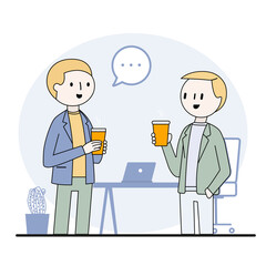 Vector illustration of two cartoon people chatting over drinks at a table with a laptop, in a casual office setting, with a speech bubble above them.