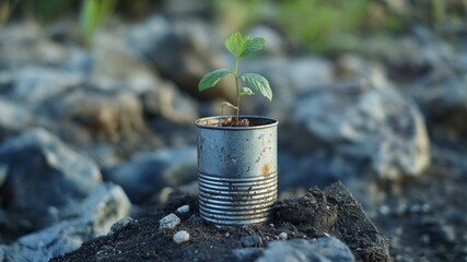 New plant growing from a recycled can on a rocky surface