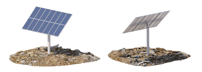 Orthographic view of a solar battery on a rocky surface. Solar energy concept. Isolated on a transparent background. 3D illustration.
